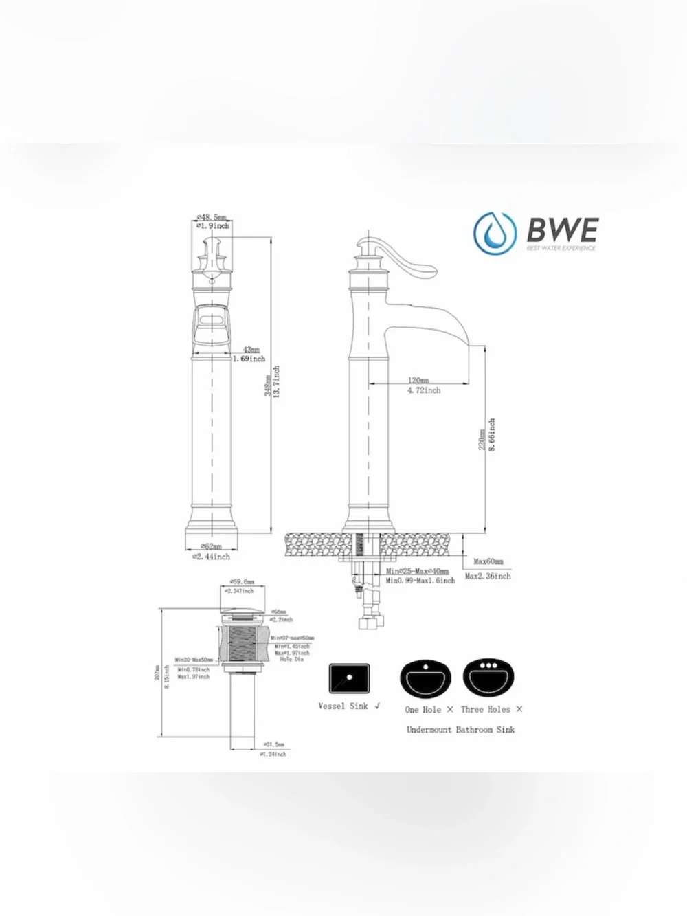 New BWE Matte Black Waterfall Vessel Faucet